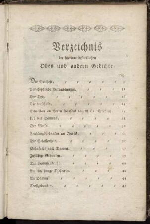 Verzeichniß der hierinne befindlichen Oden und andern Gedichte.