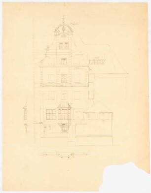 Mehrfamilienwohnhaus am Burgtor, Lübeck. Mit Bierlokal, Biergarten, Kegelbahn etc.: Aufriss Rückansicht (Gartenansicht) (ohne Maßstab); Details (ohne Maßstab) zum Erker: Seitenansicht und Horizontalschnitt