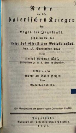 Rede an die baierischen Krieger im Lager bei Ingolstadt : gehalten bei der Feier des öffentlichen Gottesdienstes den 14. September 1823