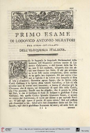 Primo esame di Lodovico Antonio Muratori del libro intitolato dell'Eloquenza Italiana