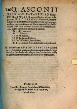 Ad Filios Commentarii eruditiss. in aliquot M. T. Ciceronis orationes