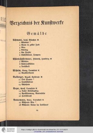Verzeichnis der Kunstwerke. Gemälde