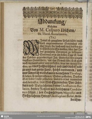 Abdankung : Abdanckung, Gehalten Von M. Casparo Löschern, SS. Theol. Baccalaureo