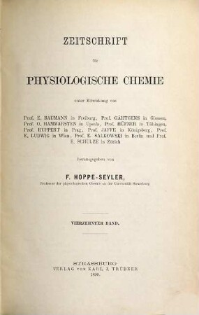 Zeitschrift für physiologische Chemie. 14. 1890