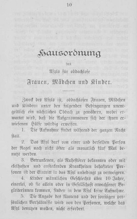 Hausordnung des Asyls für obdachlose Frauen, Mädchen und Kinder.