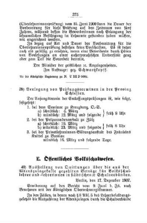 Ausstellung von Quittungen über die aus der Alterszulagekasse gezahlten Beträge für Volksschullehrer und -lehrerinnen in städtischen etc. Schulverbänden : [E. Öffentliches Volksschulwesen]