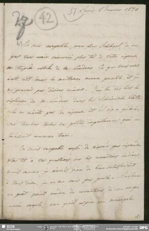 Eigenh. Brief von Auguste Louis de Staël-Holstein an August Wilhelm von Schlegel, Paris, 08.02.1820