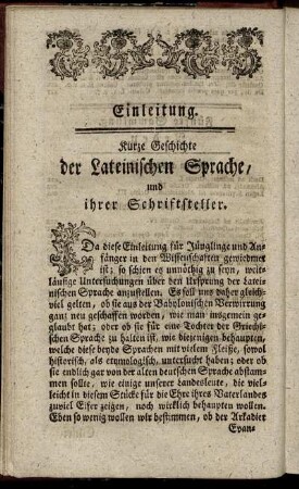 Einleitung. Kurze Geschichte der Lateinischen Sprache, und ihrer Schriftsteller.