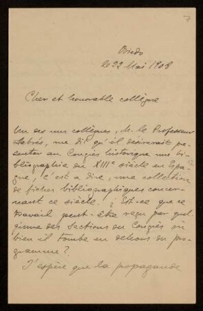 7: Brief von Rafael Altamira y Crevea an Otto von Gierke, Oviedo, 22.5.1908