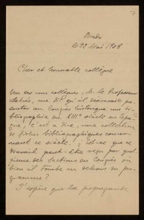 7: Brief von Rafael Altamira y Crevea an Otto von Gierke, Oviedo, 22.5.1908