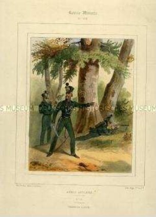 Uniformdarstellung, Signalist, Offizier und Gemeiner des Jäger-Regiments zu Fuß, Königreich Großbritannien, 1840/1850. Tafel Nr. 135 aus: Galerie Militaire.