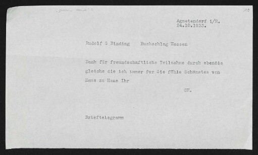 Brief von Gerhart Hauptmann an Rudolf G. Binding