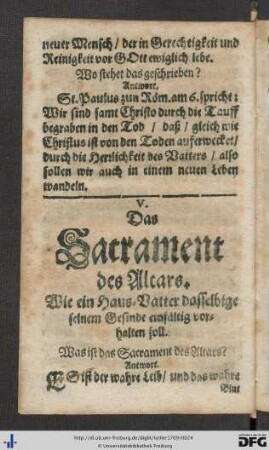 V. Das Sacrament des Altars, wie ein Haus- Vatter dasselbige sinem Gesinde einfältig vorhalten soll.
