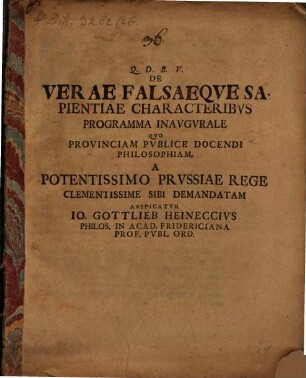 De Verae Falsaeqve Sapientiae Characteribvs : Programma Inavgvrale