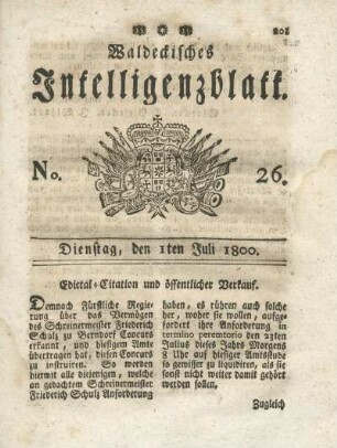 No. 26, Dienstag, den 1ten Juli 1800