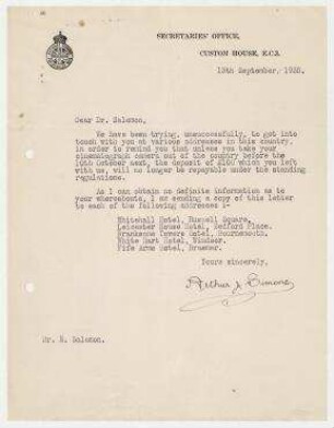 Brief von Arthur J. Simons, National Scheme For Disabled Men an Erich Salomon