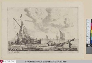 [Ufer eines Binnengewässers mit einer Ketsch, zwei kleineren Schiffen und Fischern; Shore of Inland Waterway with a Ketch, Two Smaller Boats and Fishermen]