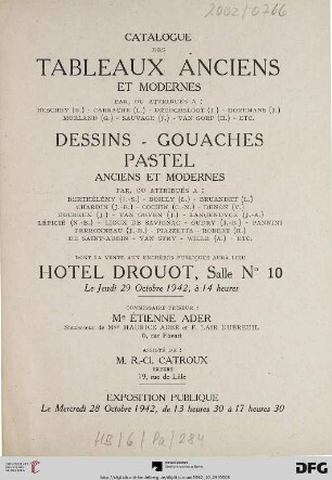 Catalogue des tableaux anciens et modernes par ou attribués à Beschey (B.) ... : dessins, gouaches, pastel anciens et modernes par ou attribués à Berthélémy (J.-S.) ... dont la vente aux enchères publiques aura lieu Hotel Drouot, le jeudi 29 octobre 1942