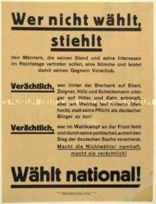 Flugblatt gegen Nichtwähler und Aufruf zur Reichstagswahl