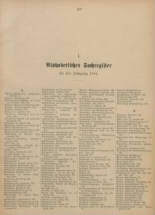 I. Alphabetisches Sachregister für den Jahrgang 1881