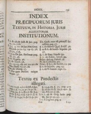 Index Præcipuorum Juris Textuum, In Historia Juris Allegatorum.