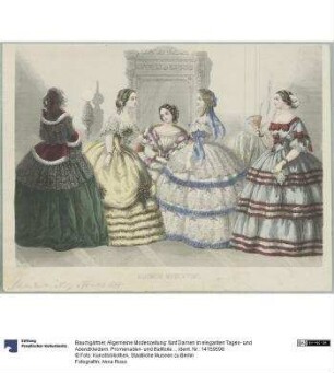 Allgemeine Modenzeitung: fünf Damen in eleganten Tages- und Abendkleidern: Promenaden- und Balltoiletten
