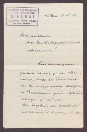 Schreiben von A. Hurst, Lukow, an Constantin Fehrenbach, Glückwünsche zur Wahl als Reichstagspräsident