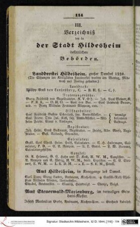 III. Verzeichniß der in der Stadt Hildesheim befindlichen Behörden.