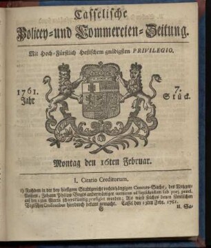 7. Stueck, Montag den 16ten Februar 1761