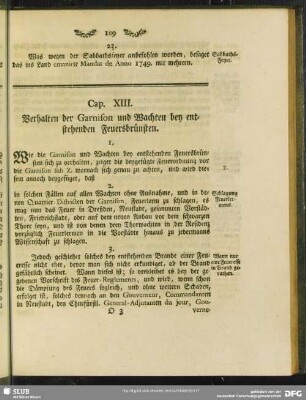 Cap. XIII. Verhalten der Garnison und Wachten bey entstehenden Feuersbrünsten