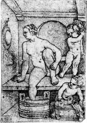 Frau mit zwei Kindern in der Badestube