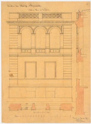 Schloss Brynnek bei Tworog Erweiterungsbau: Westseite (Mittelteil) Aufriss, Grundriss, Schnitt Maßstabsleiste