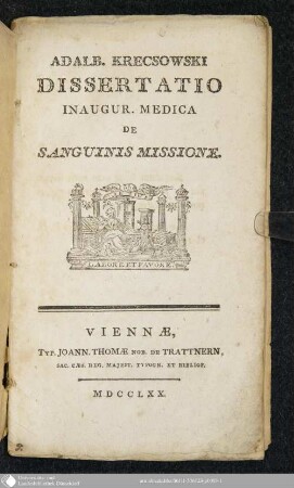 Dissertatio Inaugur. Medica De Sanguinis Missione