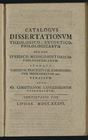 Continuatio VIII. Lipsiae M DCC XXXVI.