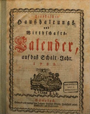 Fränkischer Haushaltungs- und Wirthschafts-Calender : auf d. Jahr .., 1786