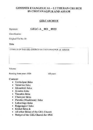 CENSUS OF THE GEL CHURCH IN CHOTANAGPUR & ASSAM