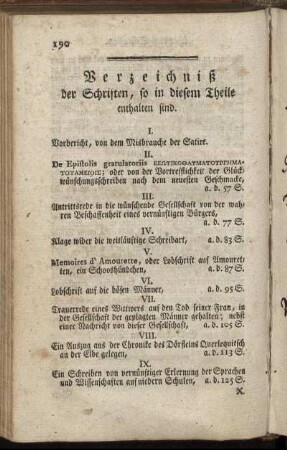 Verzeichniß der Schriften, so in diesem Theile enthalten sind