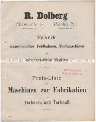 Preis-Liste über Maschinen zur Fabrikation von Torfstreu und Torfmull.