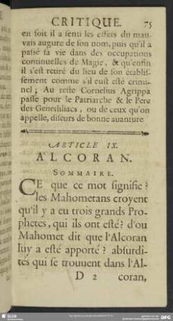 Article IX. Alcoran