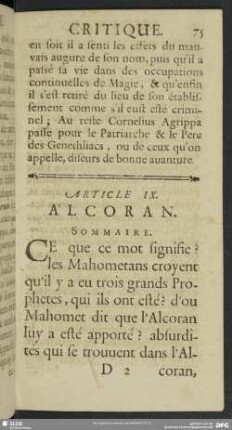 Article IX. Alcoran