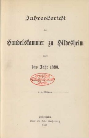 1880: Jahresbericht der Handelskammer zu Hildesheim