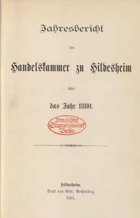 1880: Jahresbericht der Handelskammer zu Hildesheim