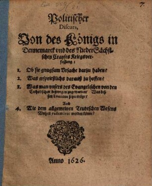Politischer Discurs, Von des Königs in Dennemarck und des Nieder Sächsischen Creyses Kriegsverfassung