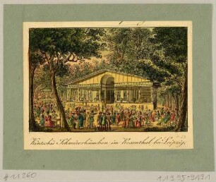 Das Café und Ausflugslokal Schweizerhäuschen im Rosenthal nordwestlich von Leipzig im ersten Zustand (1824-1844) mit großem Gästegarten, Ausschnitt aus Wagners Bilderbogen bei Lenz um 1830