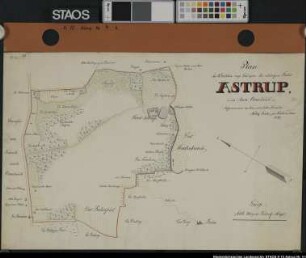 ""Plan der Wrechten resp. Grenzen des adeligen Gutes Astrup." Gutslage und alter Burgplatz, Flurnamen, an der Grenze Hofnamen. Ausf.-Art: Farbige Zeichnung Herst.: Müller Format: 41 x 63 cm Maßstab: ca. 1 : 7000