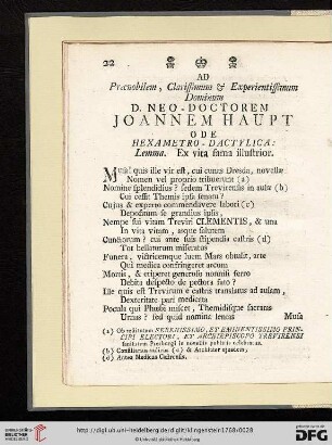 D. Neo - Doctorem Joannem Haupt, Ode Hexametro - Dactylica: Lemma. Ex vita fama illustrior