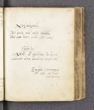 Erasmus Stocmannus. – Incipit: DEO dante, nihil valet Inuidia. DEO non dante, nihil valet labor. – o.O., 16.02.1591