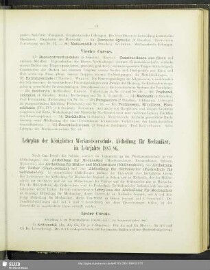 Lehrplan der Königlichen Werkmeisterschule, Abtheilung für Mechaniker, im Lehrjahre 1885/86