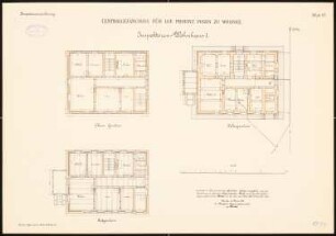 Zentralgefängnis für die Provinz Posen, Wronke: Inspektorenwohnhaus I: Grundriss Keller, Erdgeschoss, Obergeschoss 1.100