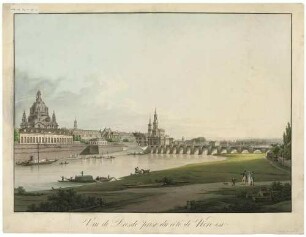 Stadtansicht von Dresden, Blick vom Neustädter Ufer über die Elbe nach Südwesten auf Augustusbrücke und Altstadt